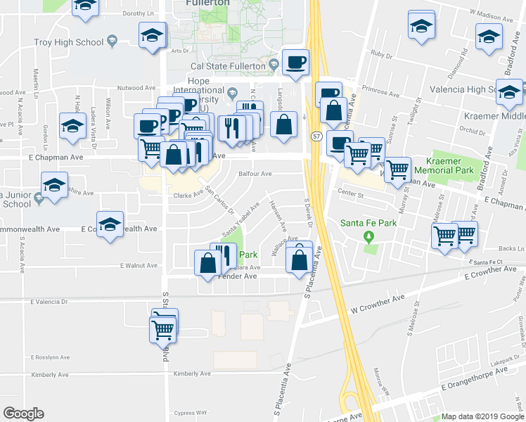 map of restaurants, bars, coffee shops, grocery stores, and more near 2545 Pearson Avenue in Fullerton