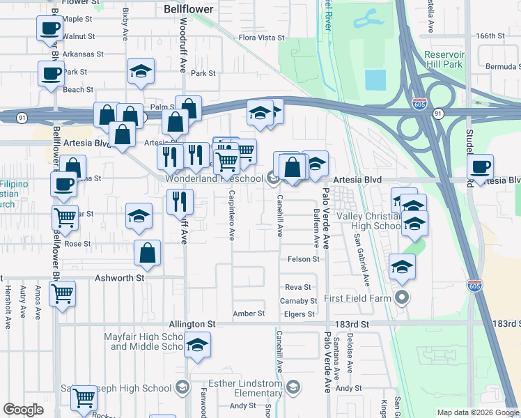 map of restaurants, bars, coffee shops, grocery stores, and more near 17619 Regency Circle in Bellflower