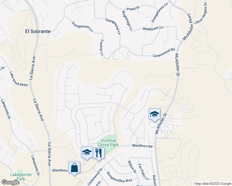 map of restaurants, bars, coffee shops, grocery stores, and more near 17086 Raindrop Court in Riverside