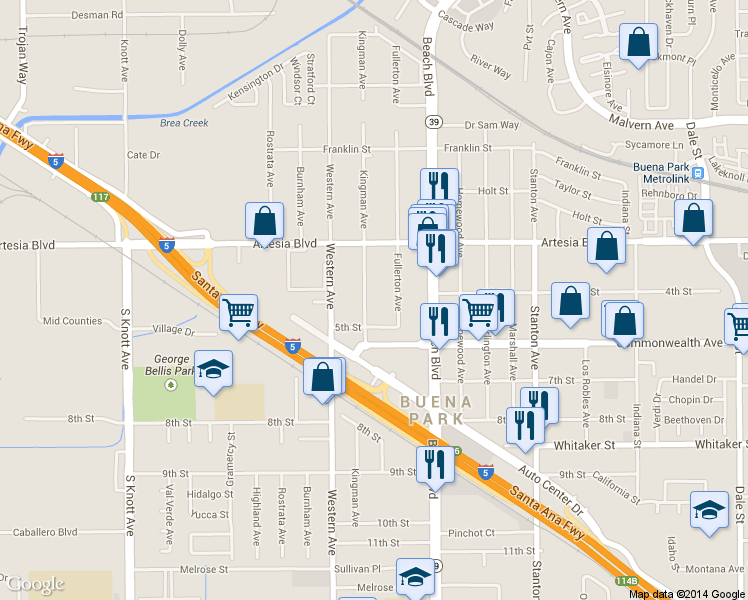 map of restaurants, bars, coffee shops, grocery stores, and more near 6132 Kingman Ave in Buena Park