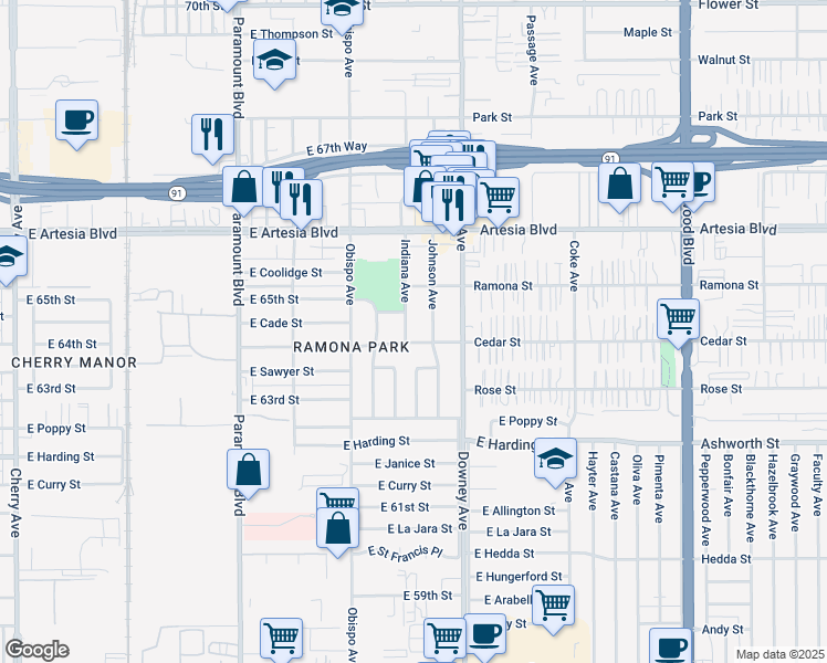 map of restaurants, bars, coffee shops, grocery stores, and more near 6420 Indiana Avenue in Long Beach
