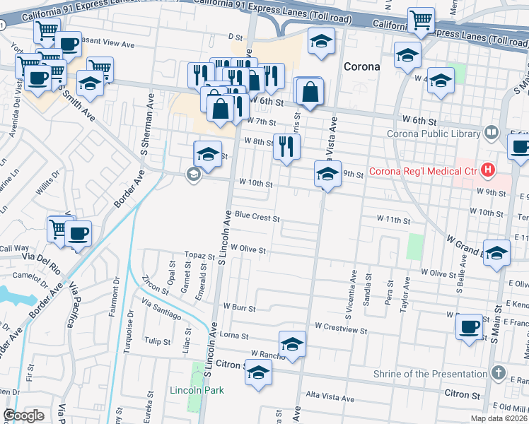 map of restaurants, bars, coffee shops, grocery stores, and more near 1027 Blue Crest Street in Corona