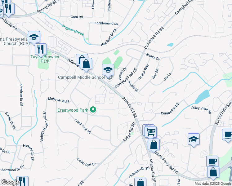 map of restaurants, bars, coffee shops, grocery stores, and more near 121 Rondak Circle in Smyrna