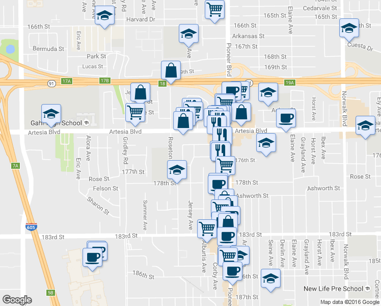map of restaurants, bars, coffee shops, grocery stores, and more near in Artesia