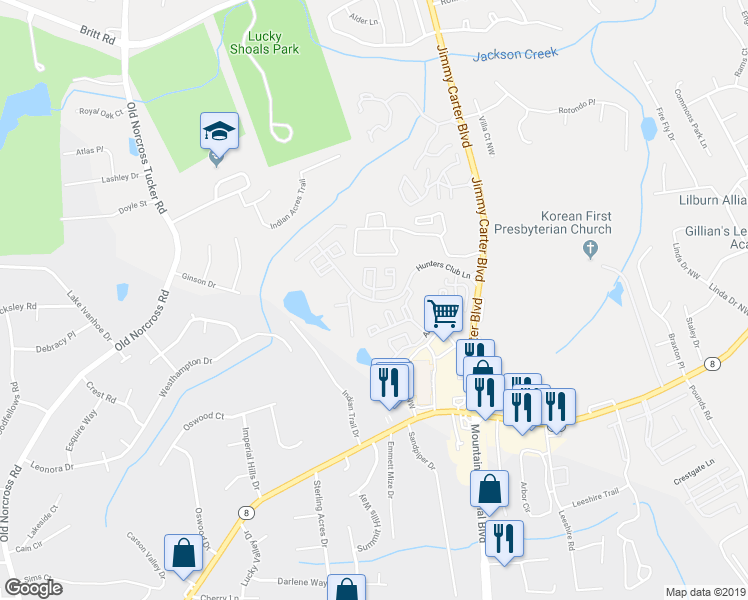 map of restaurants, bars, coffee shops, grocery stores, and more near 1553 Hunters Club Lane in Norcross