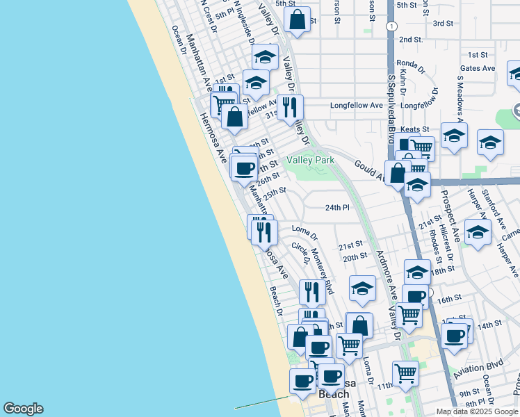 map of restaurants, bars, coffee shops, grocery stores, and more near 2457 Manhattan Avenue in Hermosa Beach