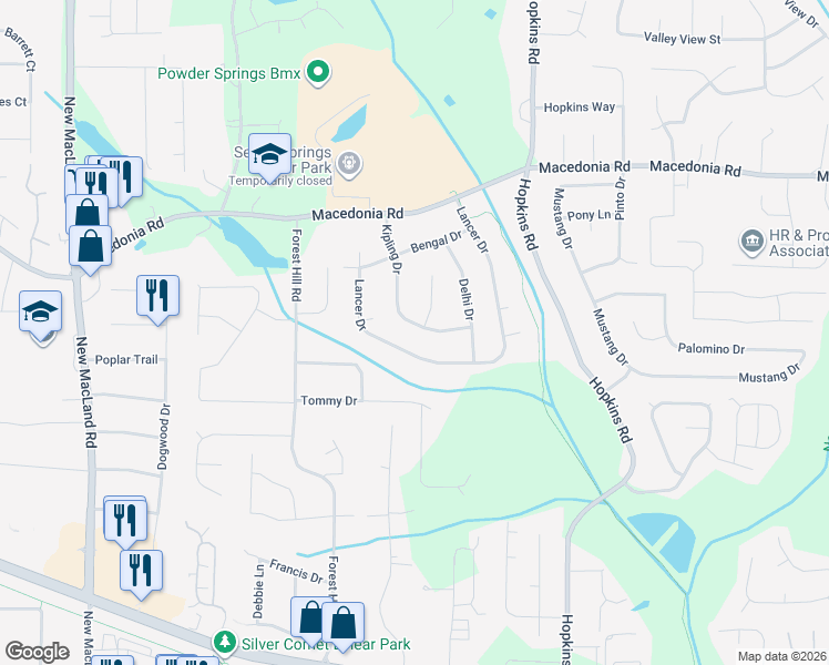 map of restaurants, bars, coffee shops, grocery stores, and more near 3170 Kipling Drive in Powder Springs