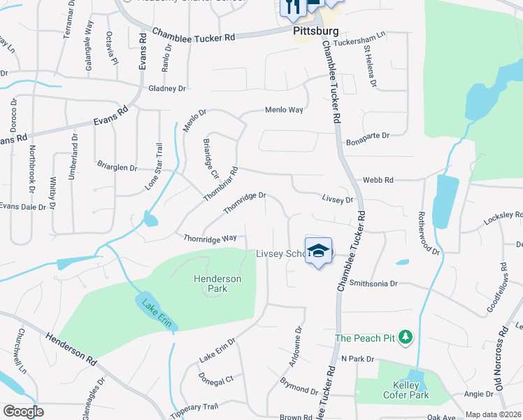 map of restaurants, bars, coffee shops, grocery stores, and more near 2858 Thornridge Lane in Doraville