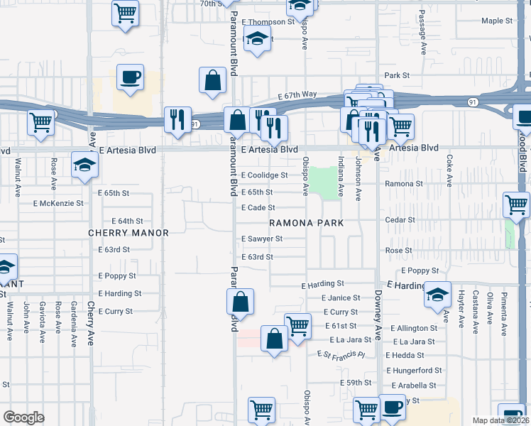 map of restaurants, bars, coffee shops, grocery stores, and more near 6425 Orizaba Avenue in Long Beach