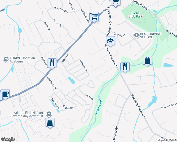 map of restaurants, bars, coffee shops, grocery stores, and more near 6534 Mimosa Circle in Tucker