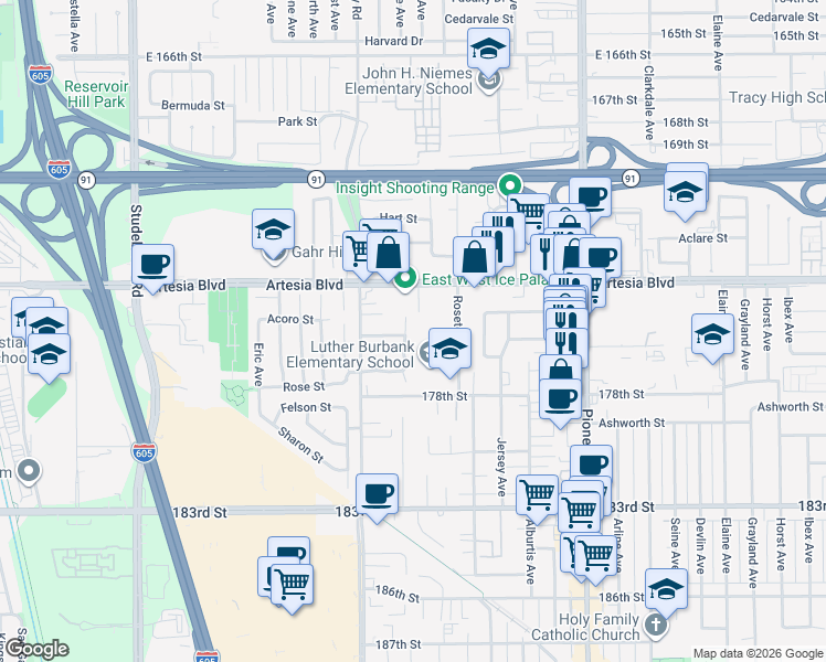 map of restaurants, bars, coffee shops, grocery stores, and more near 17522 Summer Ave in Artesia
