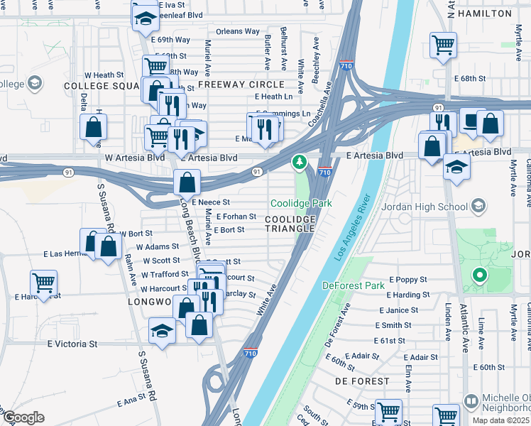 map of restaurants, bars, coffee shops, grocery stores, and more near 281 East Forhan Street in Long Beach