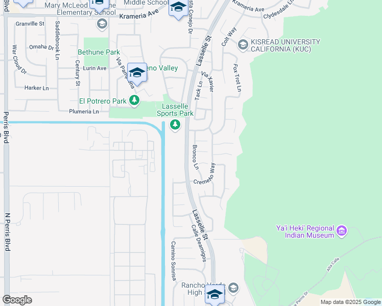 map of restaurants, bars, coffee shops, grocery stores, and more near 17223 Bronco Lane in Moreno Valley