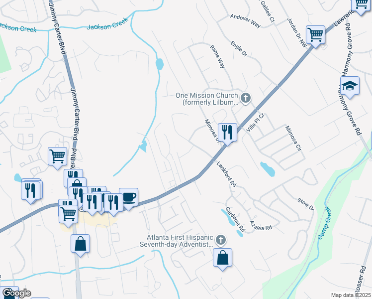 map of restaurants, bars, coffee shops, grocery stores, and more near 6077 Hannah Way in Tucker