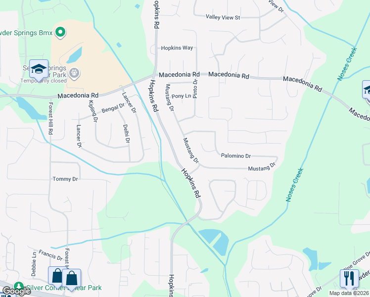 map of restaurants, bars, coffee shops, grocery stores, and more near 3447 Mustang Drive in Powder Springs