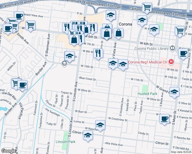 map of restaurants, bars, coffee shops, grocery stores, and more near 995 Blue Crest Street in Corona
