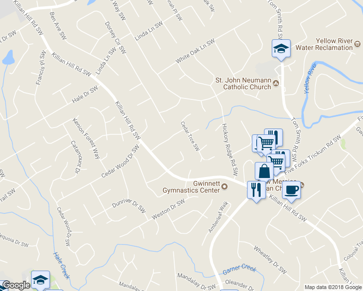map of restaurants, bars, coffee shops, grocery stores, and more near 4184 Sugar Berry Lane Southwest in Lilburn