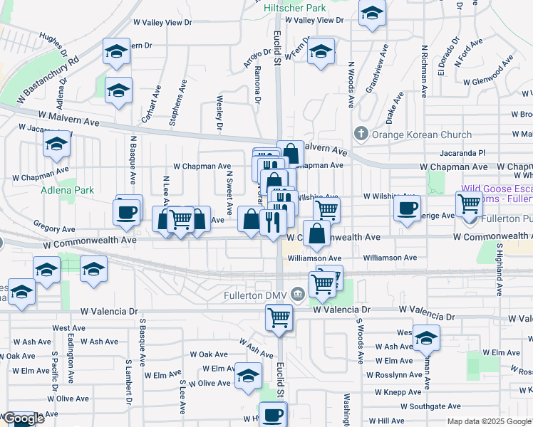 map of restaurants, bars, coffee shops, grocery stores, and more near 134 North Orange Avenue in Fullerton