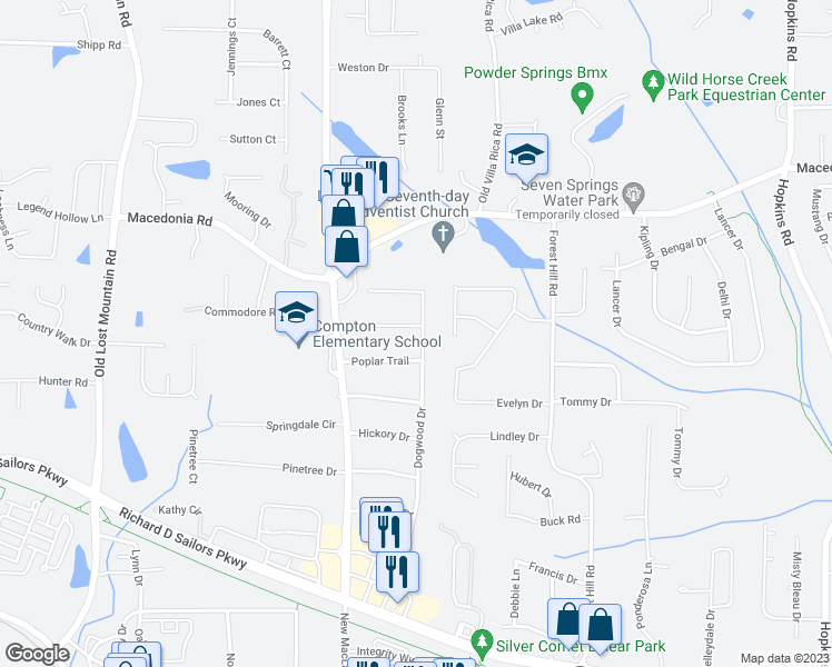 map of restaurants, bars, coffee shops, grocery stores, and more near 3315 Dogwood Drive in Powder Springs