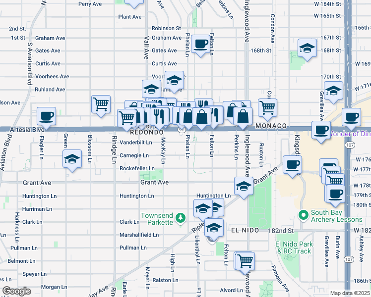 map of restaurants, bars, coffee shops, grocery stores, and more near 1809 Phelan Lane in Redondo Beach