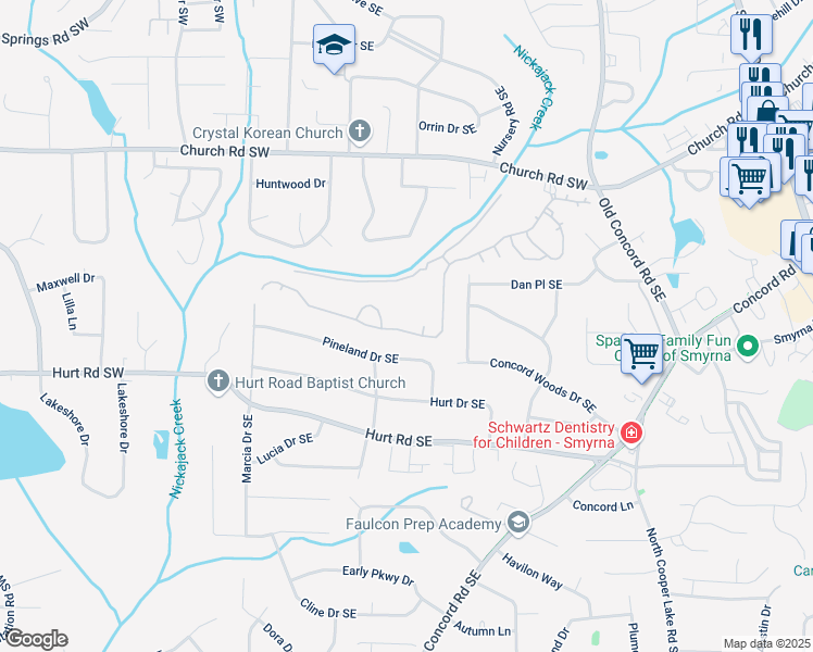 map of restaurants, bars, coffee shops, grocery stores, and more near 157 Ennisbrook Drive Southeast in Smyrna