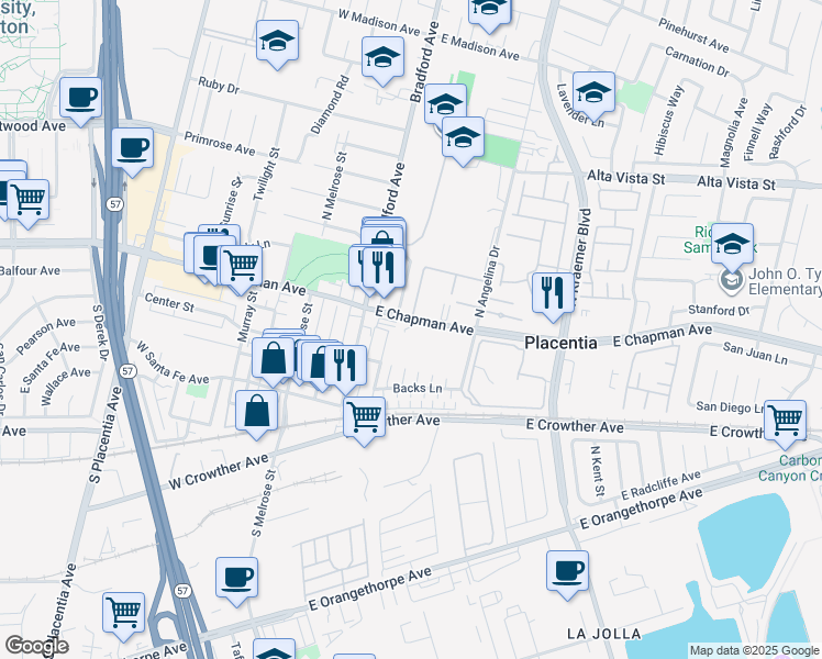 map of restaurants, bars, coffee shops, grocery stores, and more near 200 East Chapman Avenue in Placentia
