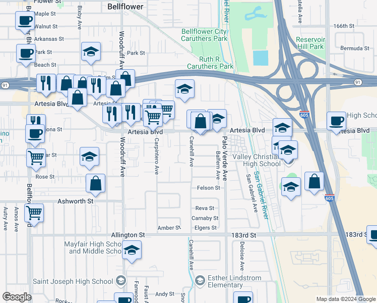 map of restaurants, bars, coffee shops, grocery stores, and more near 17715 Canehill Avenue in Bellflower