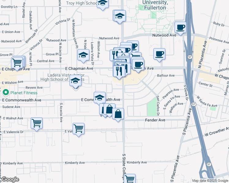 map of restaurants, bars, coffee shops, grocery stores, and more near 112 Concord Avenue in Fullerton