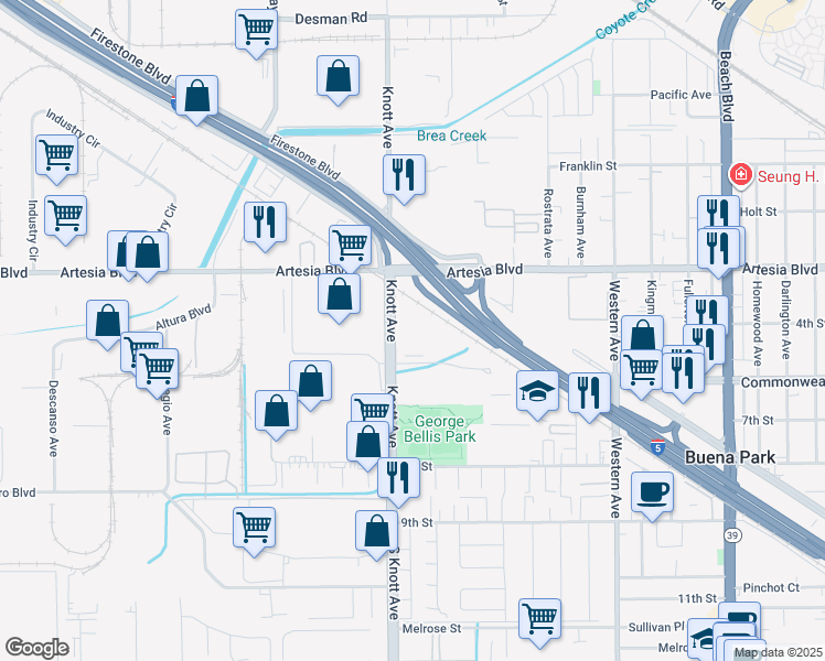 map of restaurants, bars, coffee shops, grocery stores, and more near 7001 Village Drive in Buena Park