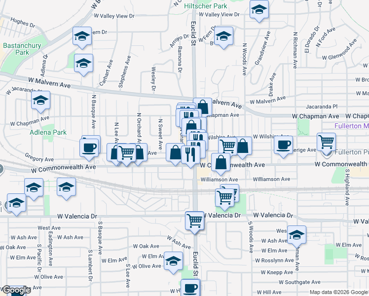 map of restaurants, bars, coffee shops, grocery stores, and more near 134 North Orange Avenue in Fullerton
