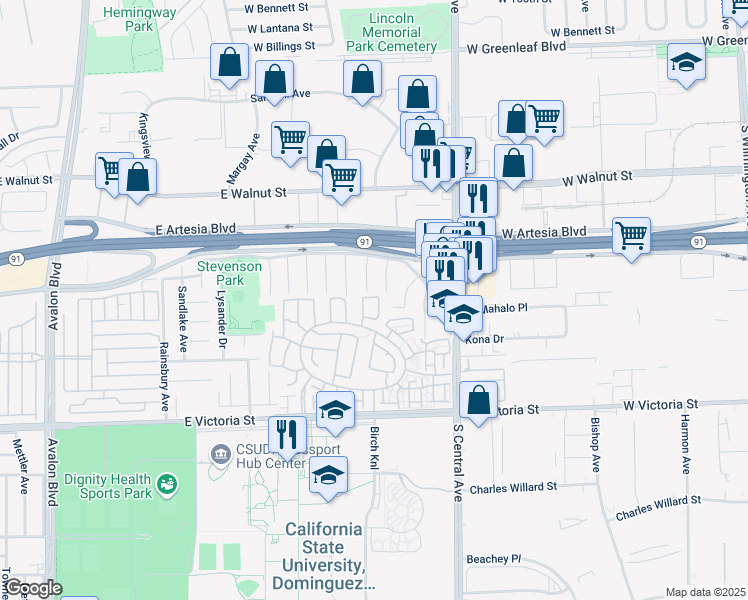 map of restaurants, bars, coffee shops, grocery stores, and more near 17527 Elderberry Circle in Carson