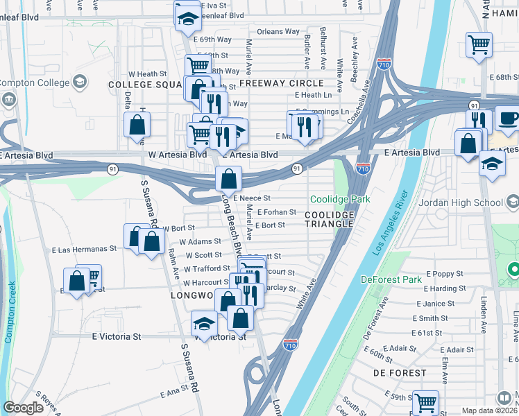 map of restaurants, bars, coffee shops, grocery stores, and more near 211 East Forhan Street in Long Beach