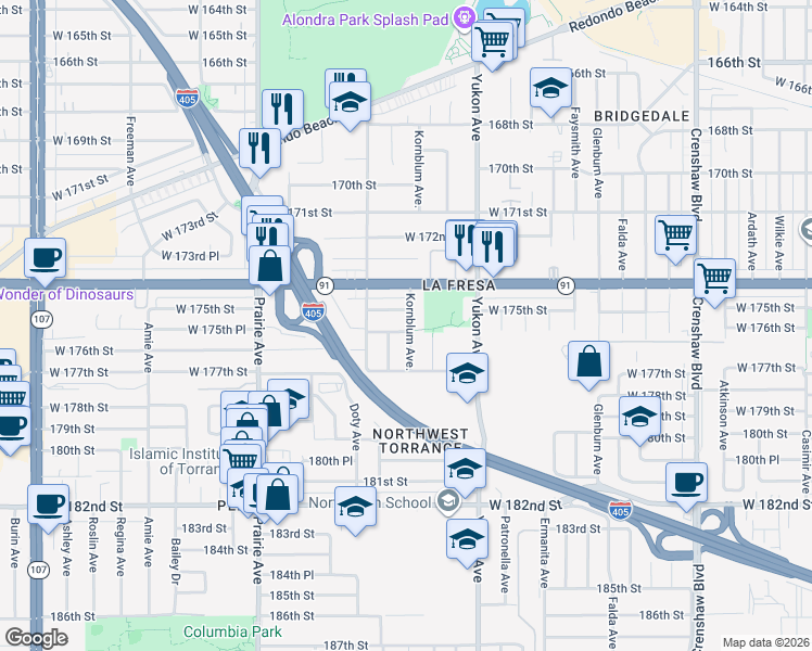 map of restaurants, bars, coffee shops, grocery stores, and more near 3731 West 176th Street in Torrance