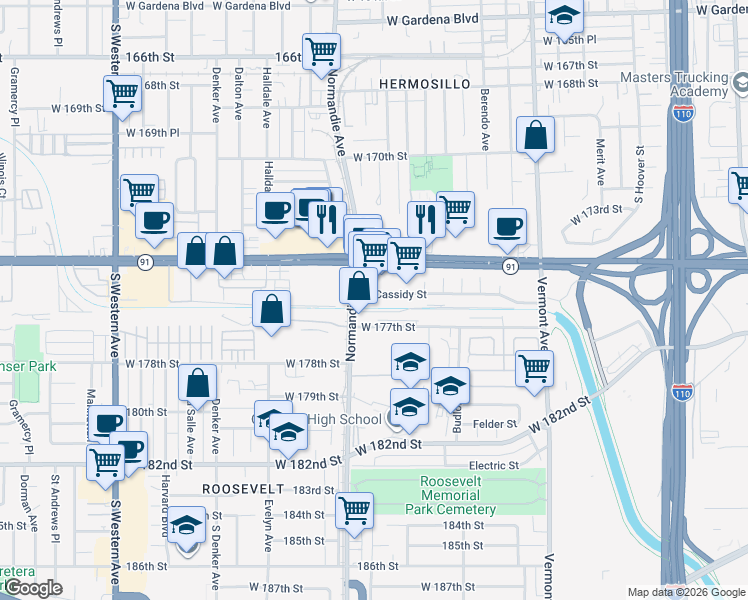 map of restaurants, bars, coffee shops, grocery stores, and more near 1338 West Cassidy Street in Gardena