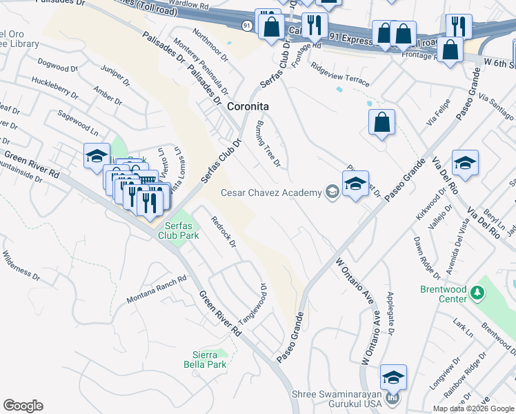 map of restaurants, bars, coffee shops, grocery stores, and more near 2083 Rancho Corona Drive in Corona