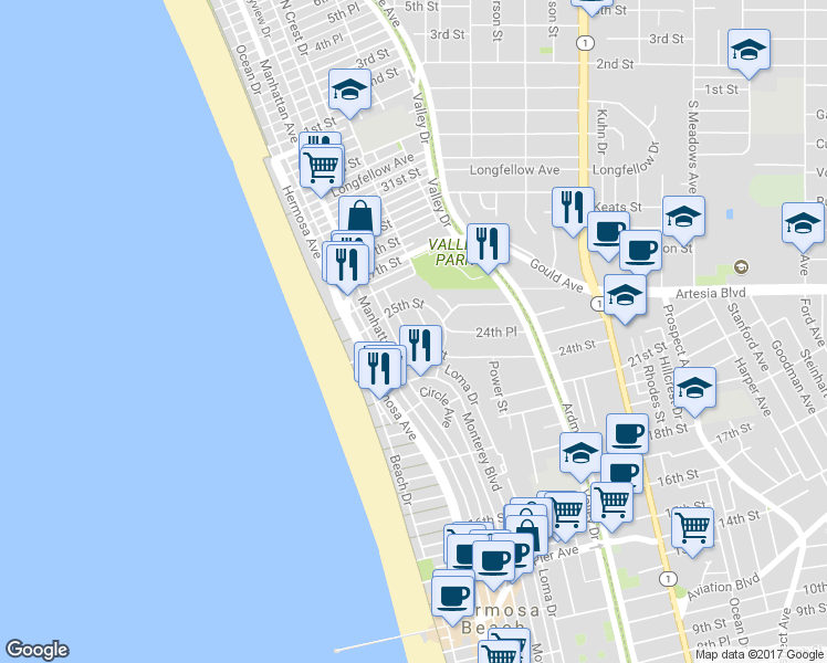 map of restaurants, bars, coffee shops, grocery stores, and more near 2438 Myrtle Avenue in Hermosa Beach