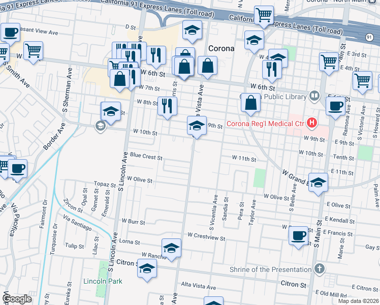 map of restaurants, bars, coffee shops, grocery stores, and more near 1110 South Buena Vista Avenue in Corona