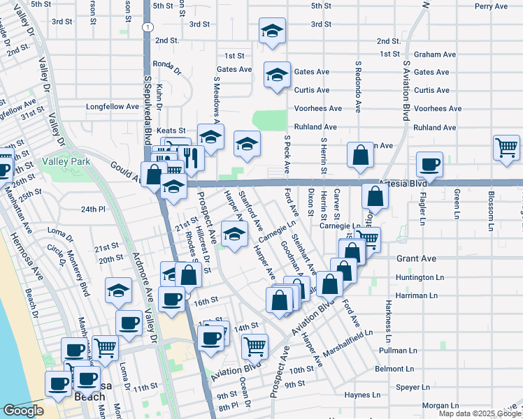 map of restaurants, bars, coffee shops, grocery stores, and more near 1739 Goodman Avenue in Redondo Beach