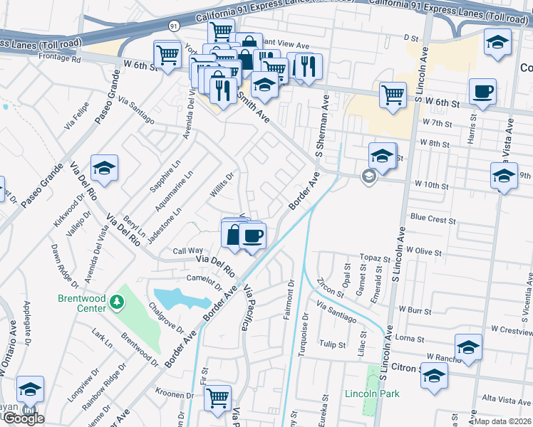 map of restaurants, bars, coffee shops, grocery stores, and more near 1138 Norwich Way in Corona