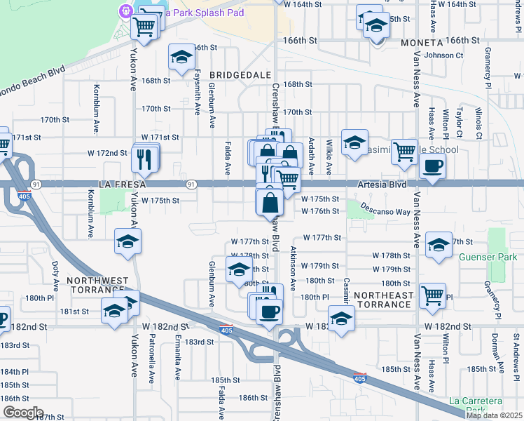map of restaurants, bars, coffee shops, grocery stores, and more near 17512 Delia Avenue in Torrance