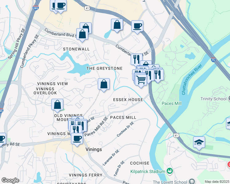 map of restaurants, bars, coffee shops, grocery stores, and more near 3311 Stillhouse Road Southeast in Atlanta