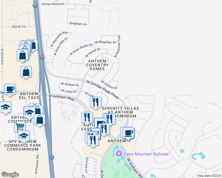 map of restaurants, bars, coffee shops, grocery stores, and more near 3551 West Ashton Drive in New River