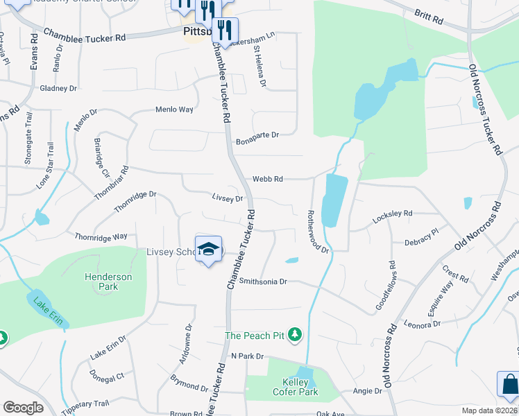 map of restaurants, bars, coffee shops, grocery stores, and more near 4630 Chamblee Tucker Rd in Tucker