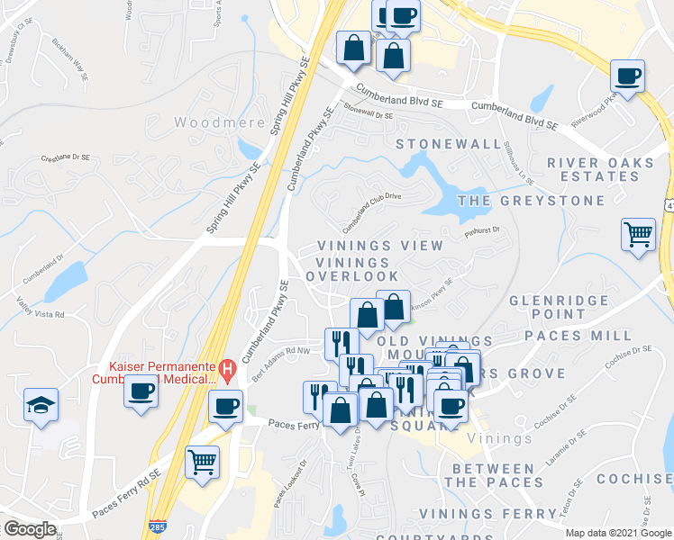 map of restaurants, bars, coffee shops, grocery stores, and more near 3353 Cumberland Club Drive in Atlanta