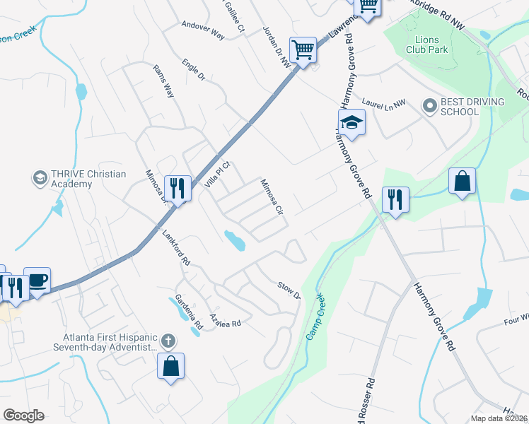 map of restaurants, bars, coffee shops, grocery stores, and more near 5846 Rue Villa Lane in Tucker