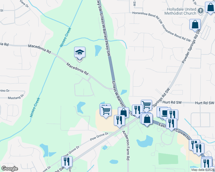 map of restaurants, bars, coffee shops, grocery stores, and more near 2820 Macedonia Road in Powder Springs