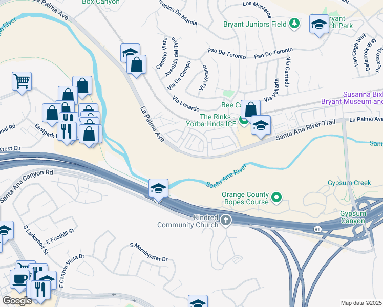map of restaurants, bars, coffee shops, grocery stores, and more near 2204 East La Palma Avenue in Yorba Linda