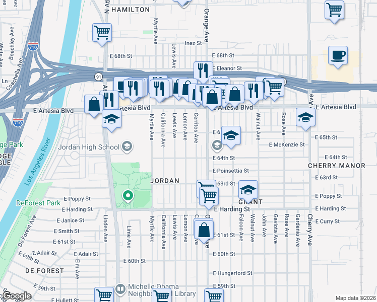 map of restaurants, bars, coffee shops, grocery stores, and more near 6420 Lemon Avenue in Long Beach