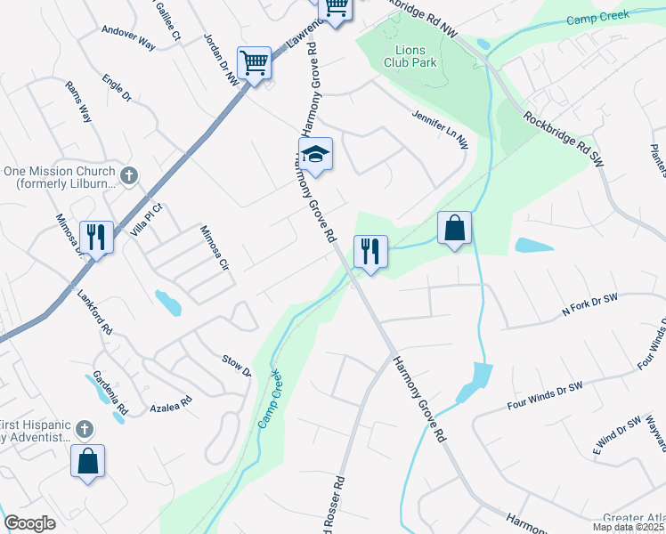 map of restaurants, bars, coffee shops, grocery stores, and more near 11 Harmon Court Northwest in Lilburn