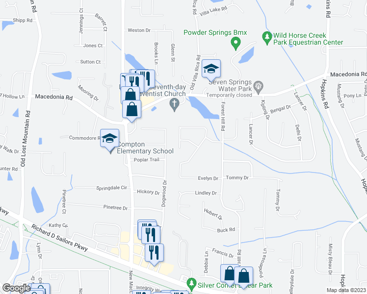 map of restaurants, bars, coffee shops, grocery stores, and more near 4050 Evelyn Drive in Powder Springs